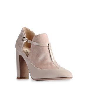 Valentino Patent/velvet T-strap block heel pump